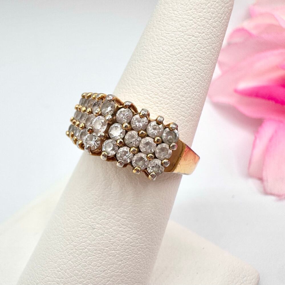 Vintage Rhinestone Cluster Waterfall Cocktail Ring Gold Tone 70s 80s Size 7 Worn